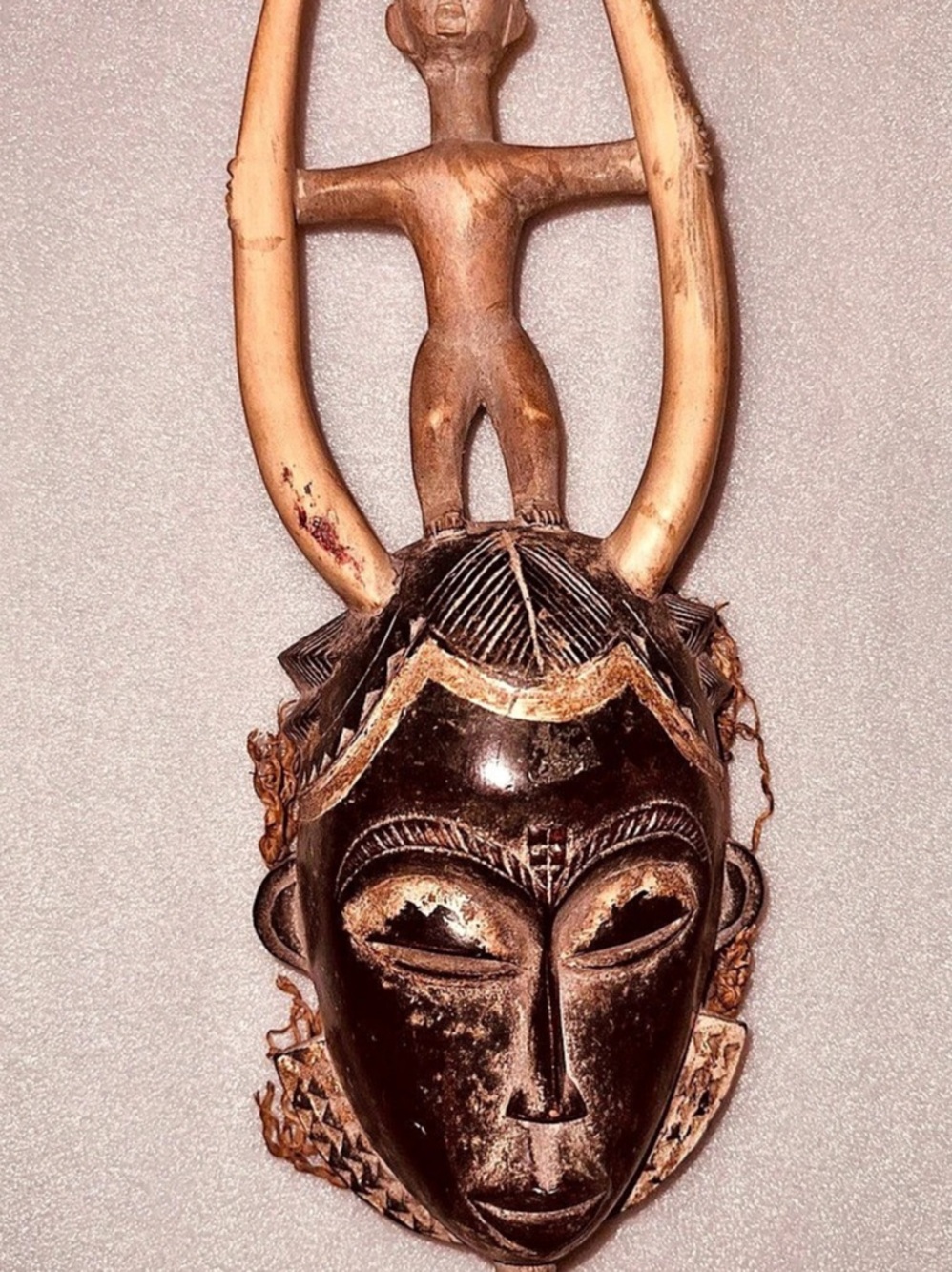Hand-Carved Mask Sculpture in Brown & Black